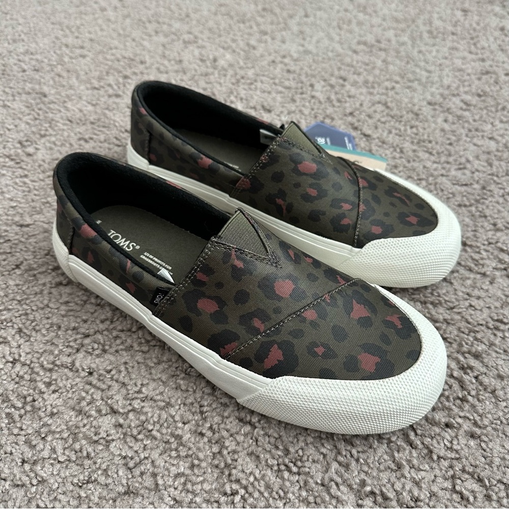 Toms Olive Green and Burgundy Leopard Print Slip-On Flats